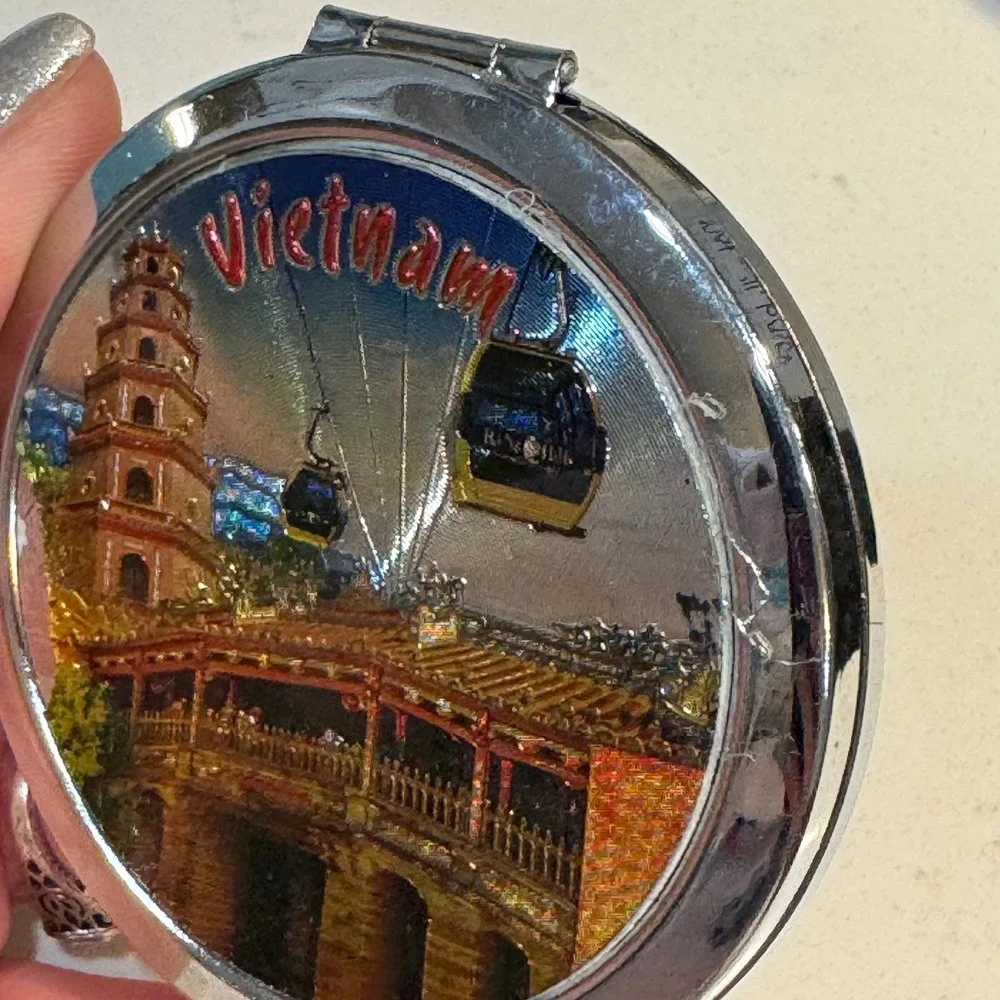 Vietnam Souvenir Compact Mirror Silver Tone Folding Dual Mirror 3D Relief Art